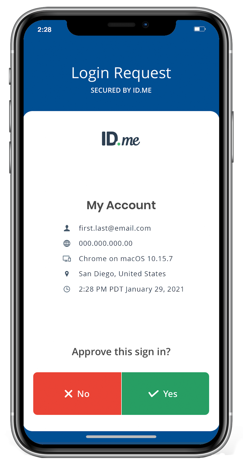 Captura de pantalla de la solicitud de inicio de sesión de ID.me con detalles y opciones para aprobar o rechazar