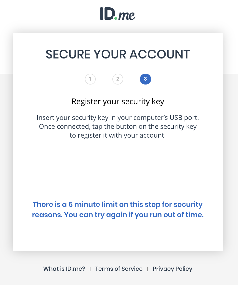 Captura de pantalla del mensaje que solicita registrar una clave de seguridad durante la configuración de la cuenta