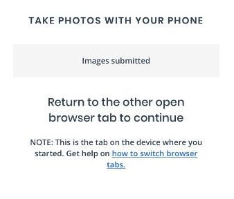 Captura de pantalla que confirma que se enviaron las imágenes e indica al usuario que regrese a la pestaña original del navegador