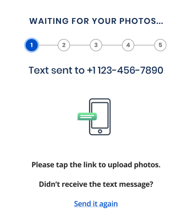 Captura de pantalla que muestra un mensaje indicando que se envió un mensaje de texto para cargar fotos como parte de la verificación de identidad, con la opción de reenviar el mensaje