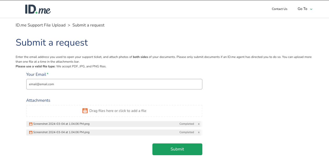 Captura de pantalla del formulario de carga segura de ID.me con campos para correo electrónico y archivos adjuntos