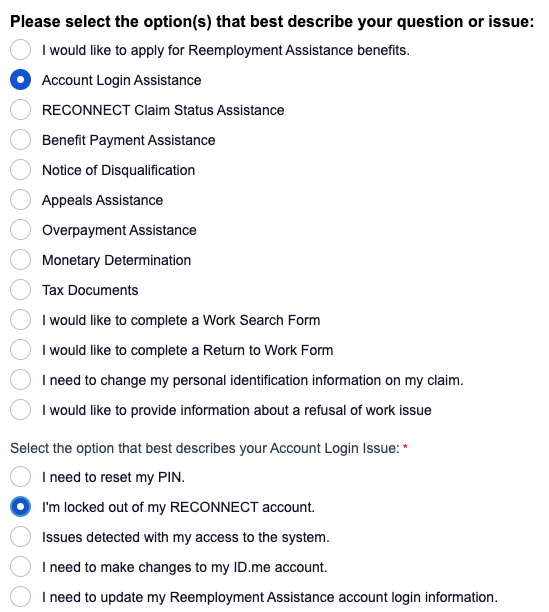 Captura de pantalla del formulario de soporte con varias opciones seleccionadas para asistencia con el inicio de sesión de la cuenta y el bloqueo de la cuenta RECONNECT