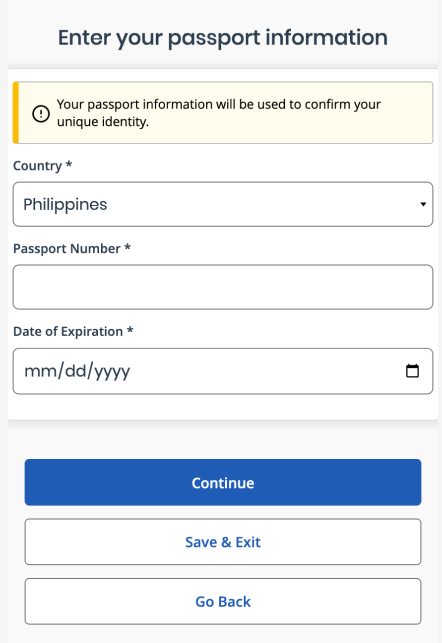 Captura de pantalla del formulario para ingresar los datos del pasaporte, incluyendo el país, el número de pasaporte y la fecha de vencimiento para la verificación de identidad