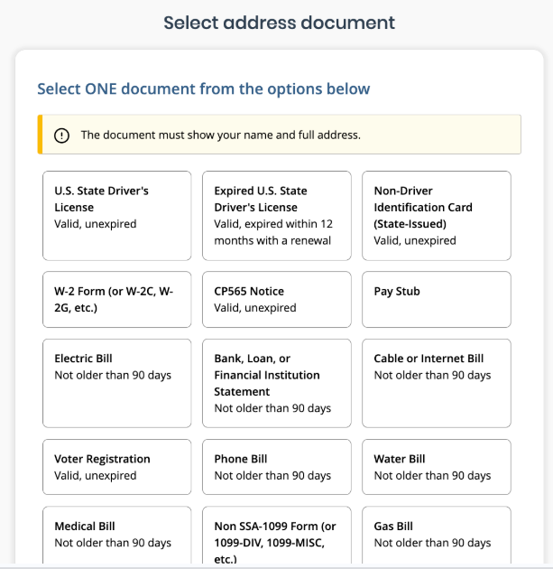 Captura de pantalla de un formulario que solicita al usuario seleccionar un documento con domicilio, con opciones como facturas de servicios públicos, licencia de conducir o recibo de pago