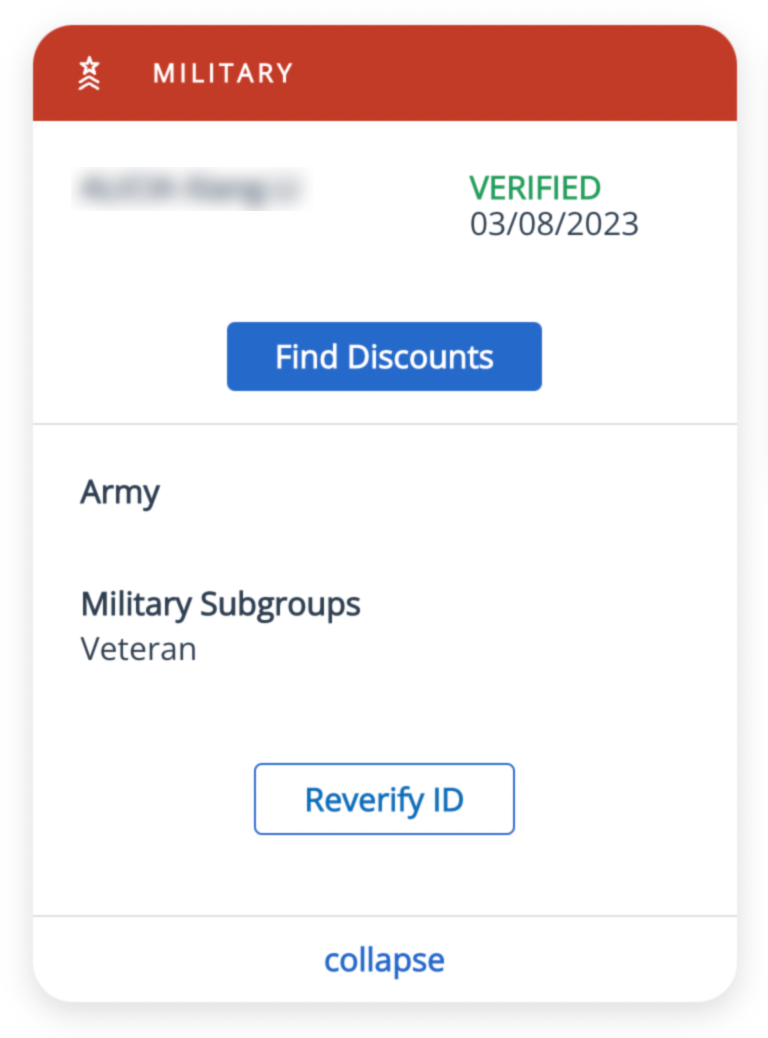 Captura de pantalla de la tarjeta de Military ID.me verificada que muestra la afiliación al Ejército y el subgrupo de Veteranos