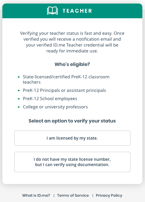 Captura de pantalla de la pantalla de verificación de educadores de ID.me con información sobre elegibilidad y opciones para hacer la verificación