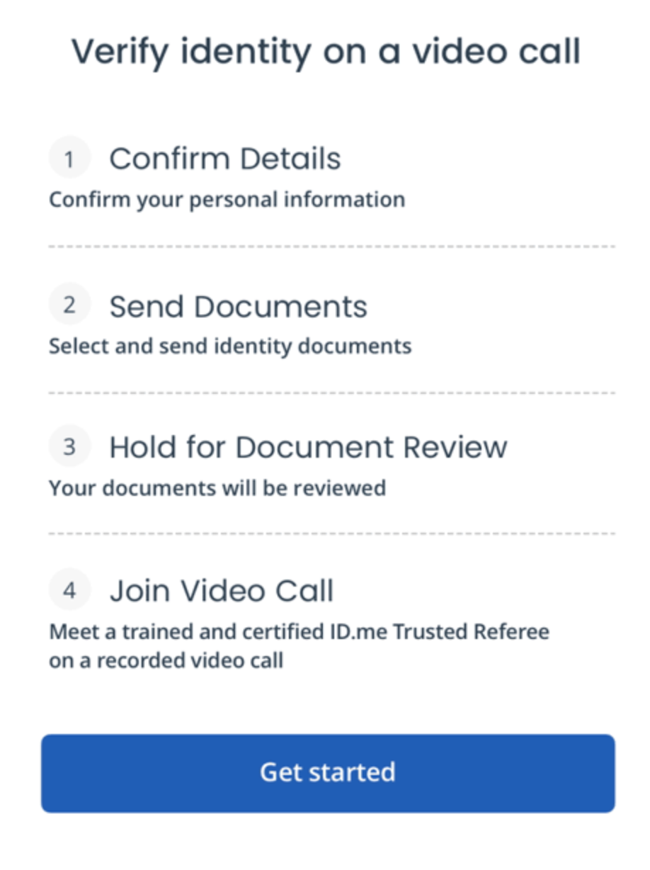 Captura de pantalla que enumera los pasos para verificar la identidad en una videollamada, incluyendo la confirmación de detalles, el envío de documentos, la espera para revisión y la incorporación a la llamada