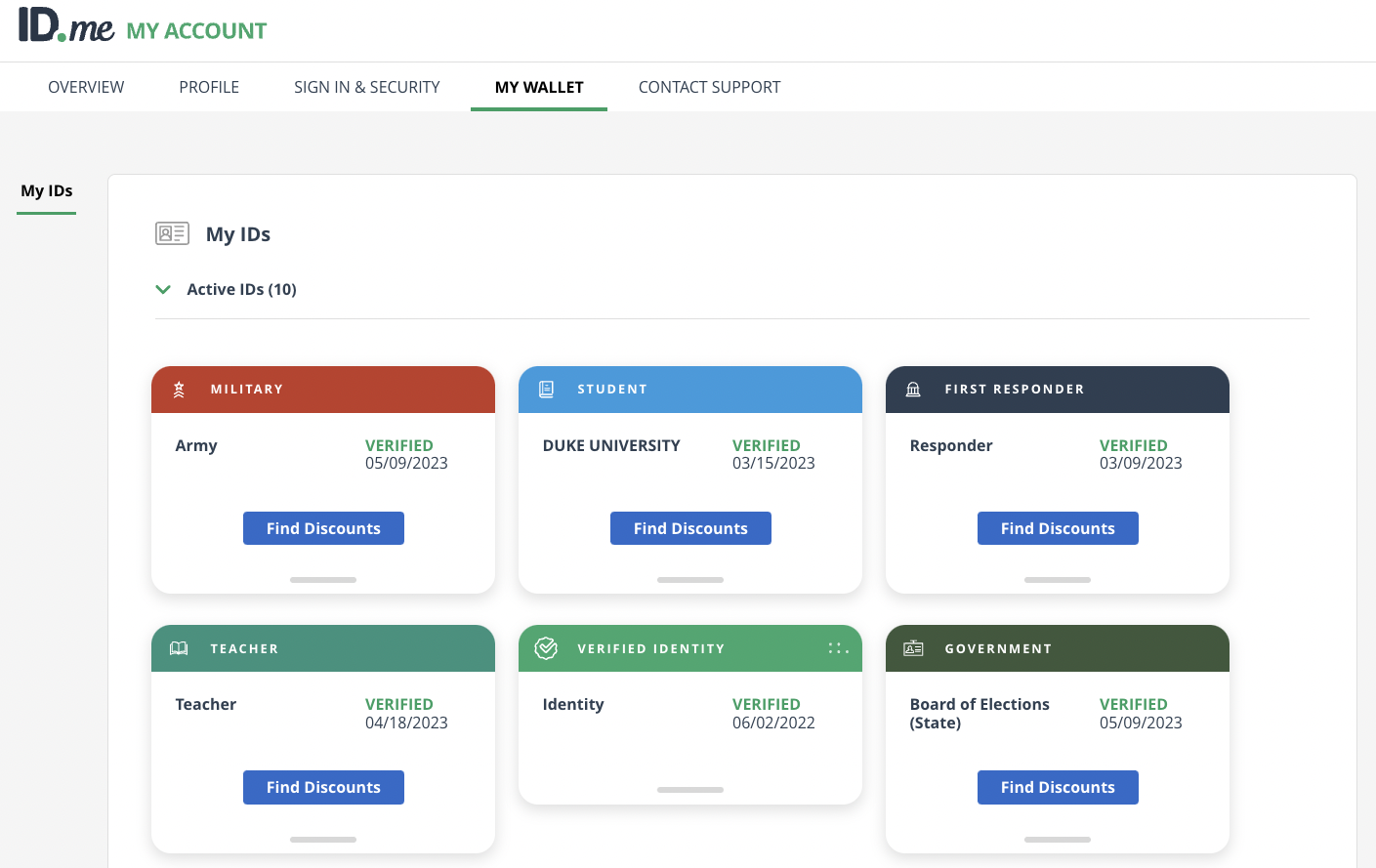 Screenshot of My Wallet showing multiple verified ID affiliations in ID.me account