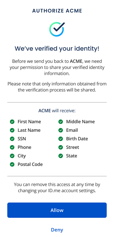 Screenshot showing verified identity and consent screen to share personal information with an organization