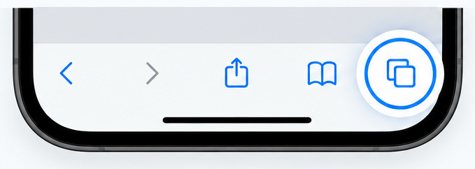 Screenshot of Safari on an iPhone with the Tabs icon highlighted