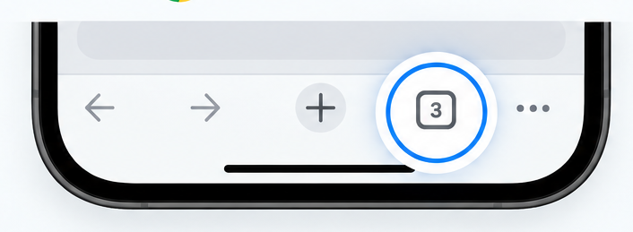 Screenshot of Chrome on an iPhone with the tab switcher icon highlighted