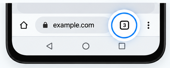 Screenshot of Chrome on an Android device with the tab switcher icon highlighted