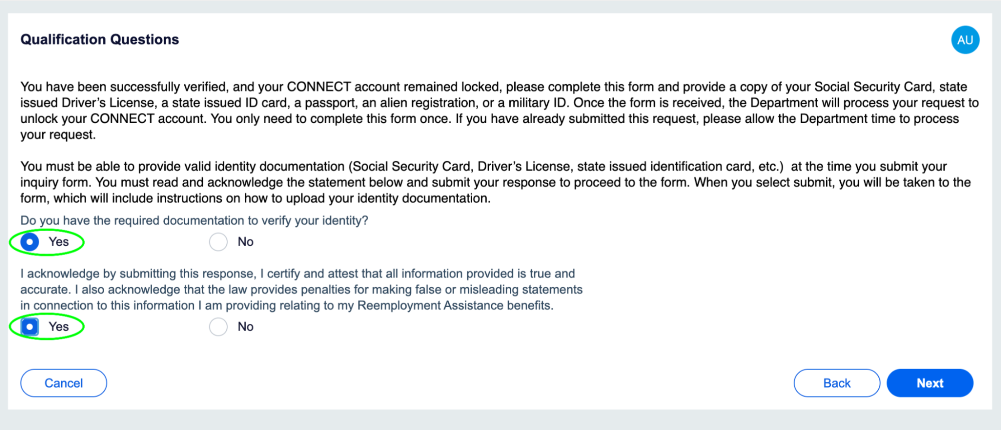 Screenshot of qualification form asking about required documentation and acknowledgment for reemployment assistance