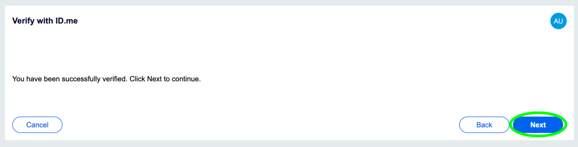 Screenshot confirming successful ID.me verification with instructions to click Next to continue